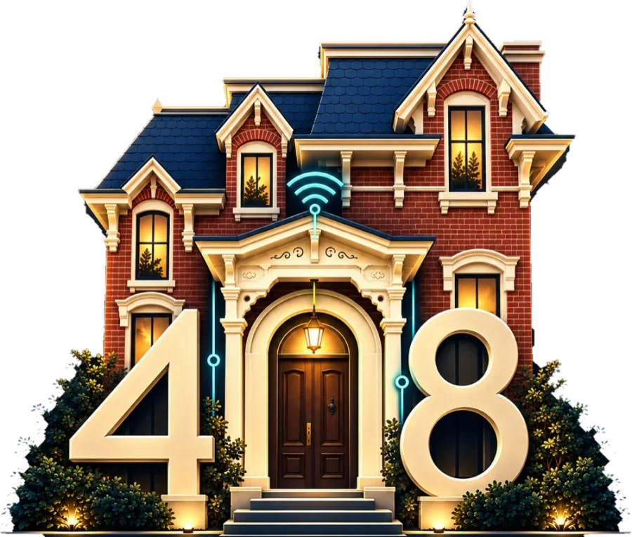 The 408 house logo decorated for Halloween: pumpkins on the steps, bats by the moon and a spider by the porch